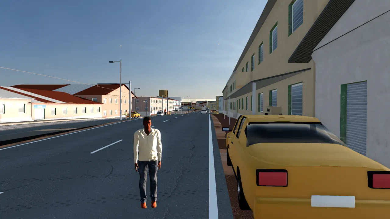 Le personnage à pied à côté de son taxi, dans une rue d’Akwa