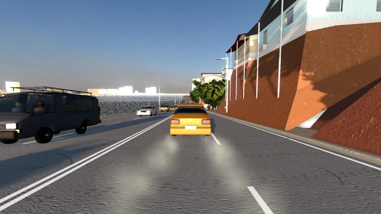 Un taxi jaune sur le Pont de Sango au coucher du soleil, dans SangoCity