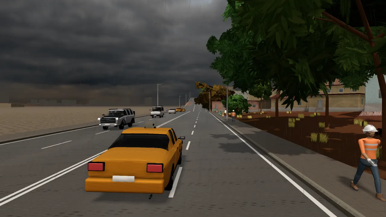 La Corniche de Sango sous la pluie, un taxi au loin