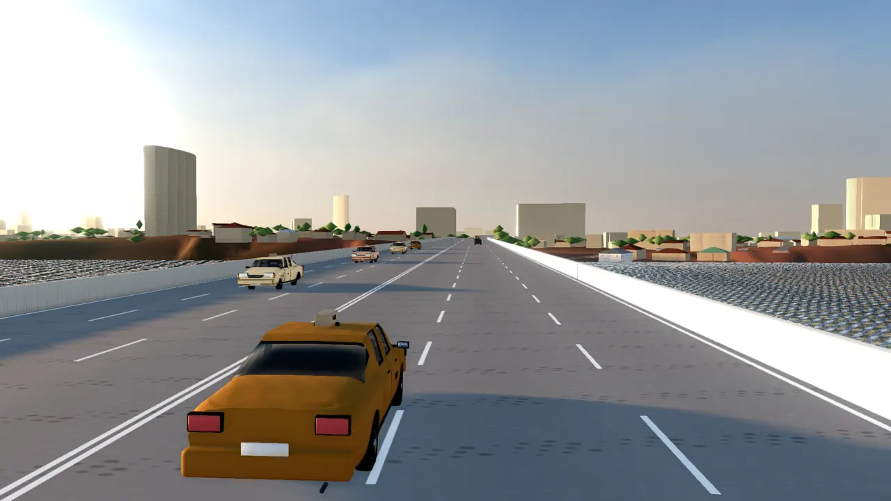 Un taxi jaune sur le Pont de Sango au coucher du soleil